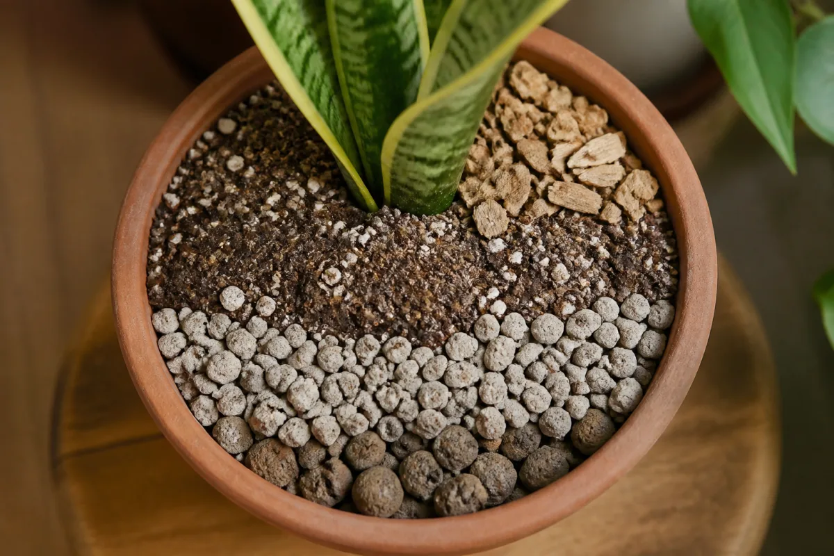 Coupe de pot montrant couches de substrat drainant avec éléments minéraux