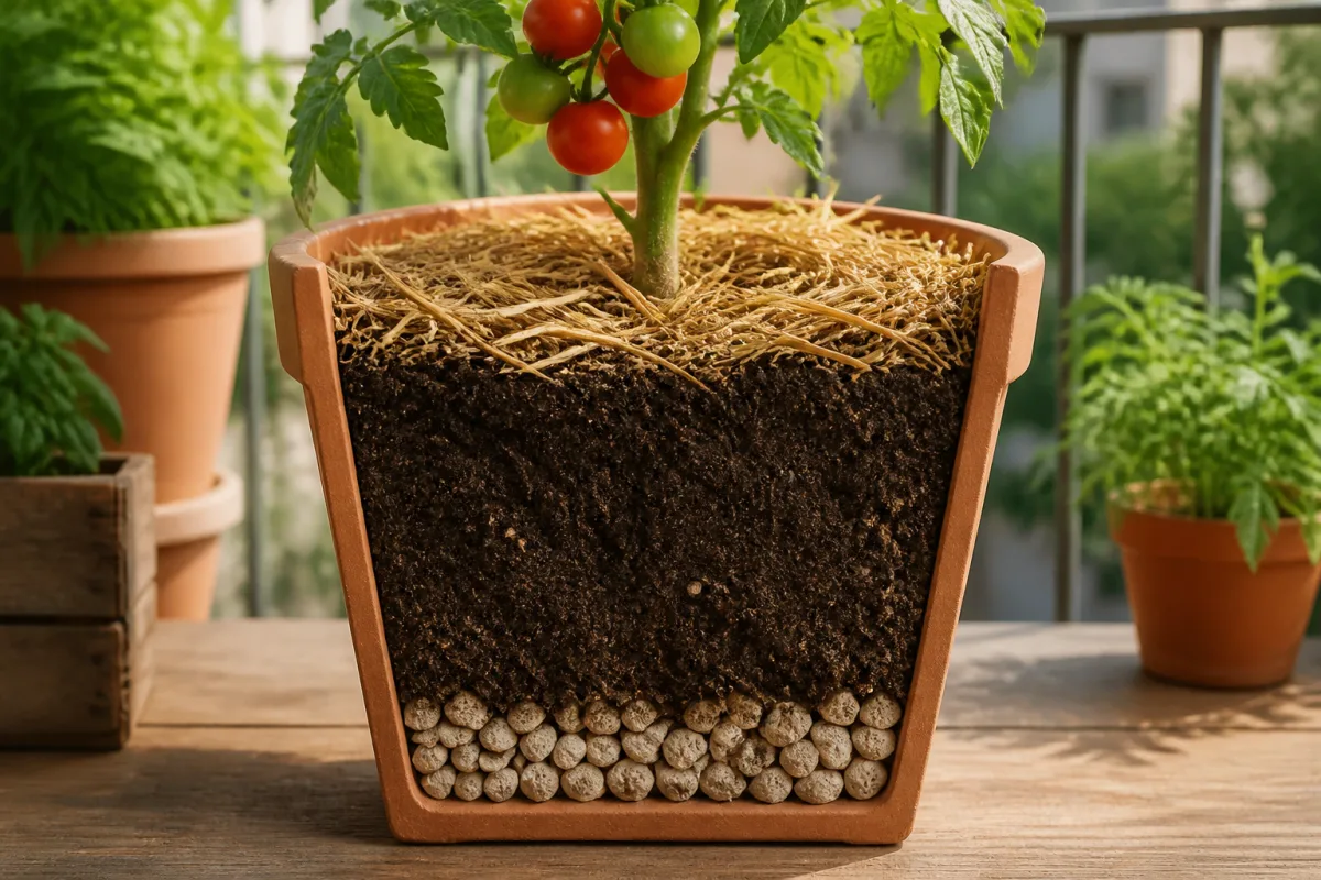 Coupe de pot montrant drainage, terre et paillis, échelle marquée 30 cm