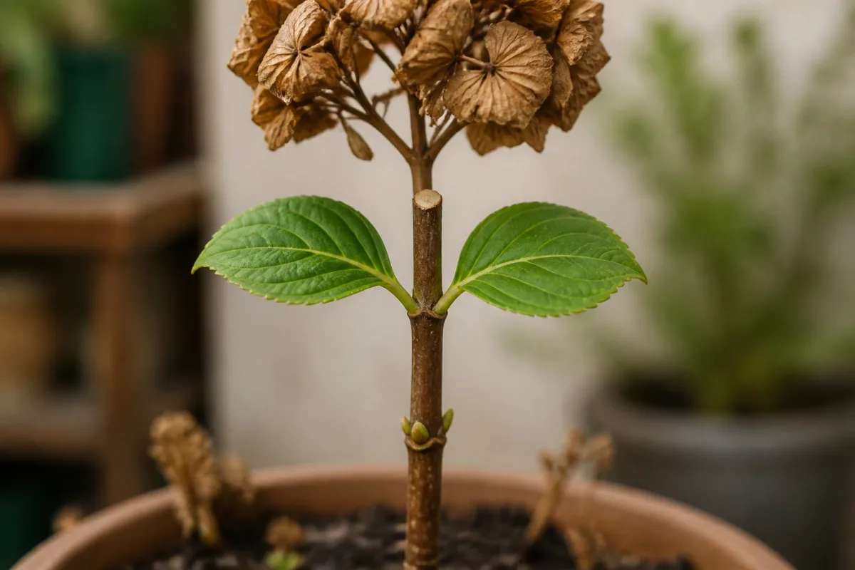 Gros plan d’une tige d’hortensia avec inflorescence brûlée et première paire de feuilles saines indiquant le point de sœ