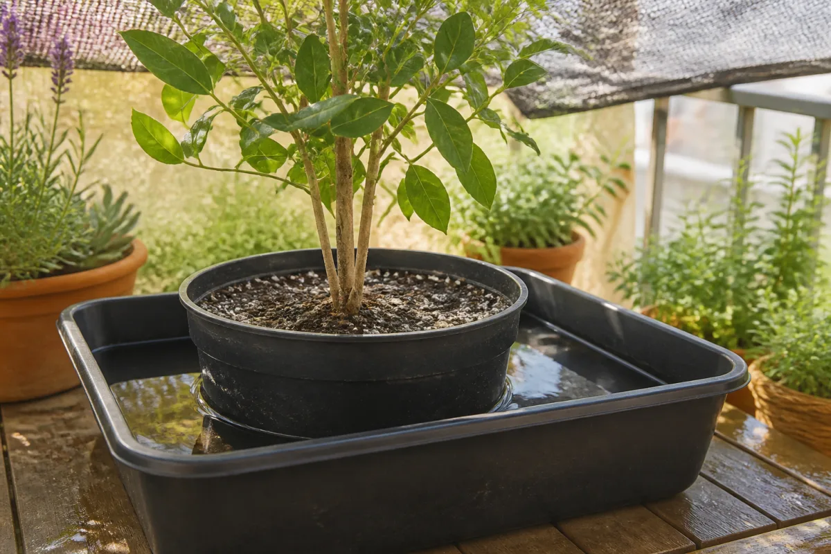 Pot partiellement immergé dans un bac pour bassinage, eau au niveau du substrat