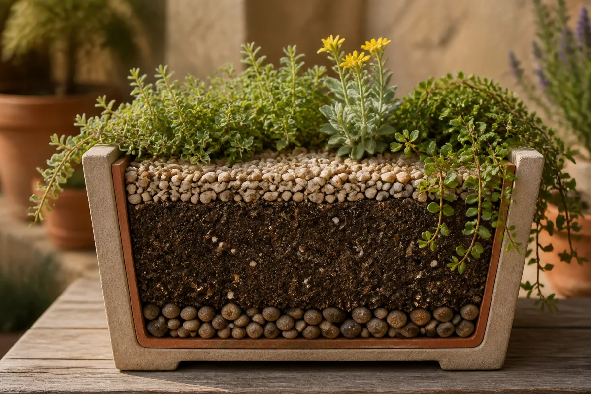 Coupe de jardinière montrant lit drainant, substrat allégé et paillage en surface