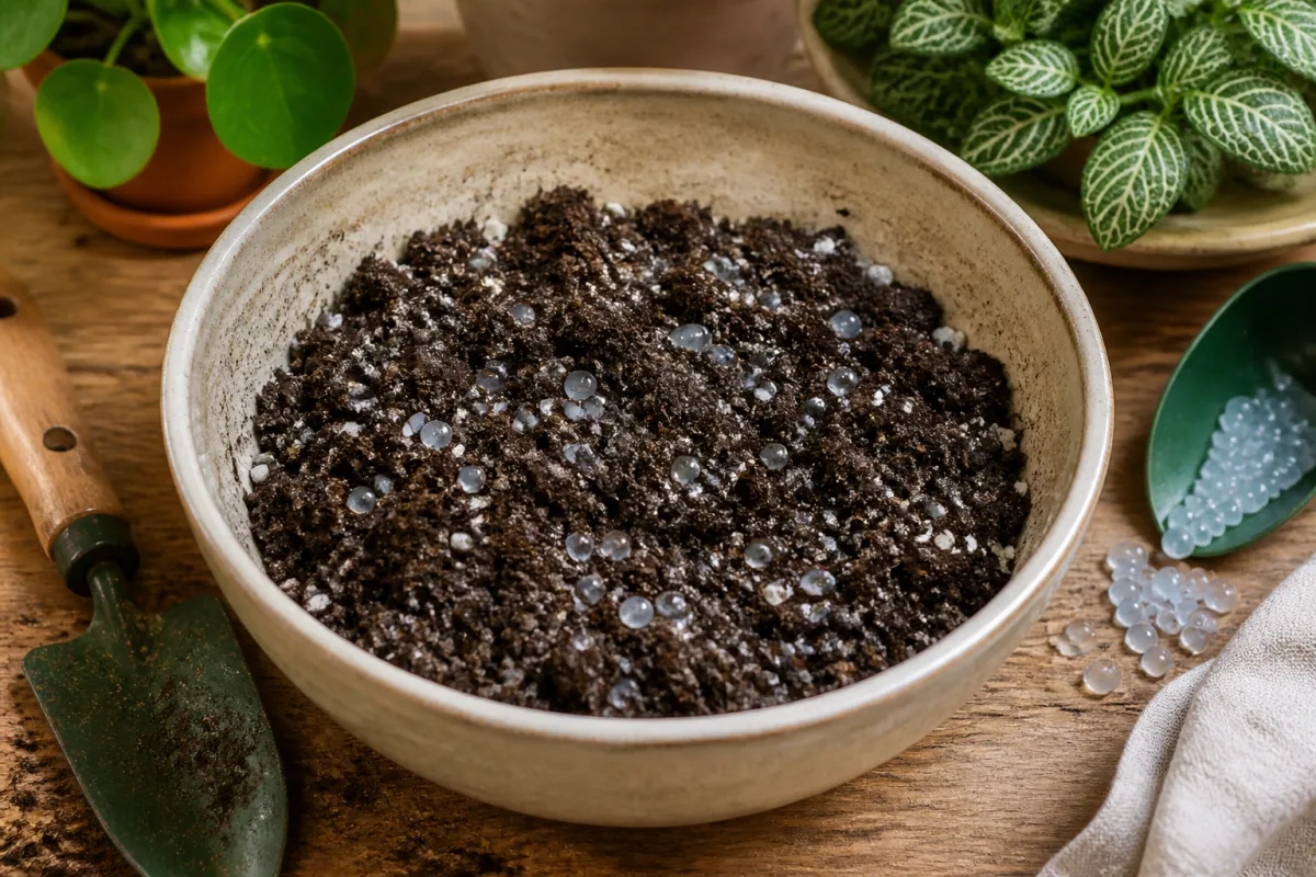 Bol de terreau avec granules d’hydrogel mélangés et petite pelle de jardin