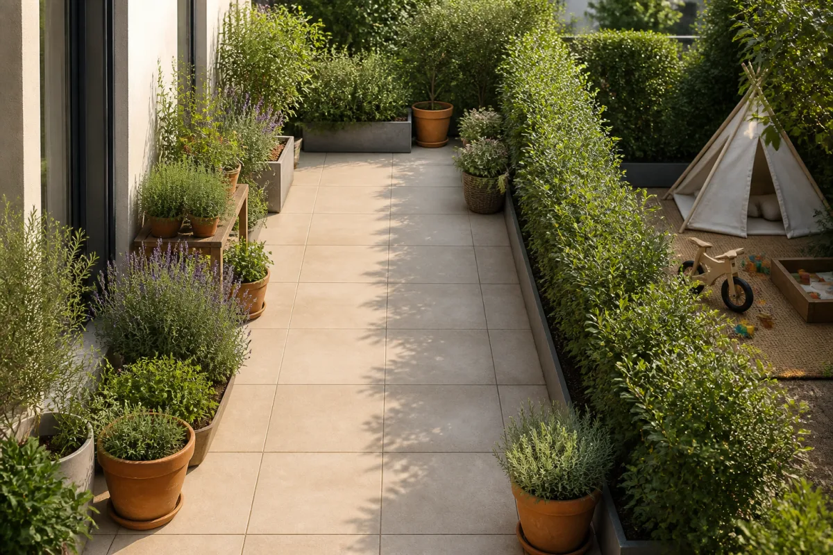 Vue d’ensemble d’une terrasse avec allée de 1 m et potées aromatiques aux points de passage