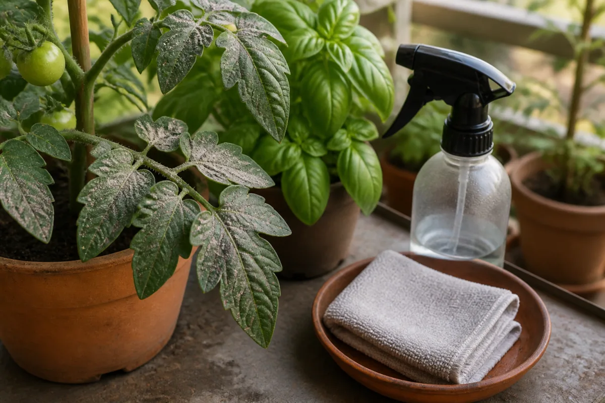 Feuilles de tomate et basilic couvertes de cendres, pulvérisateur et chiffon microfibre à côté