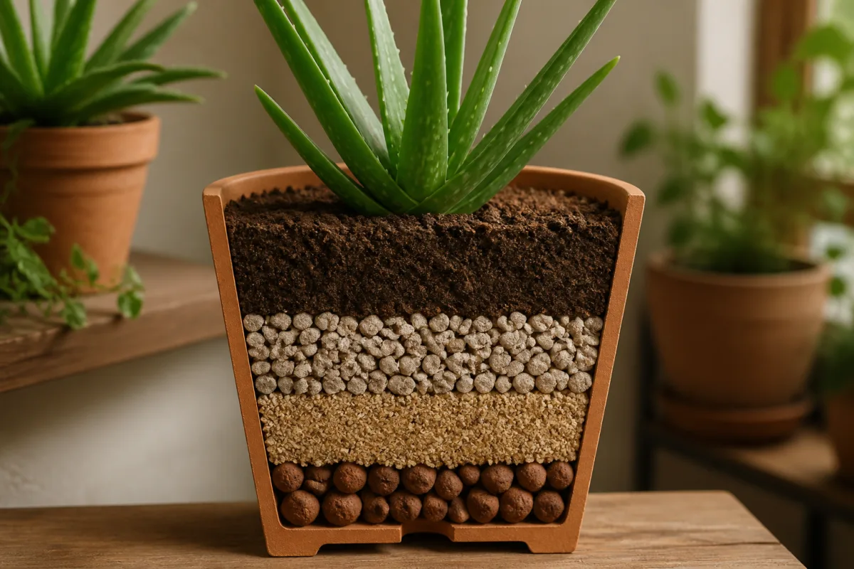 Coupe de pot montrant mélange 2-1-1 pour aloé avec pumice, terreau et sable