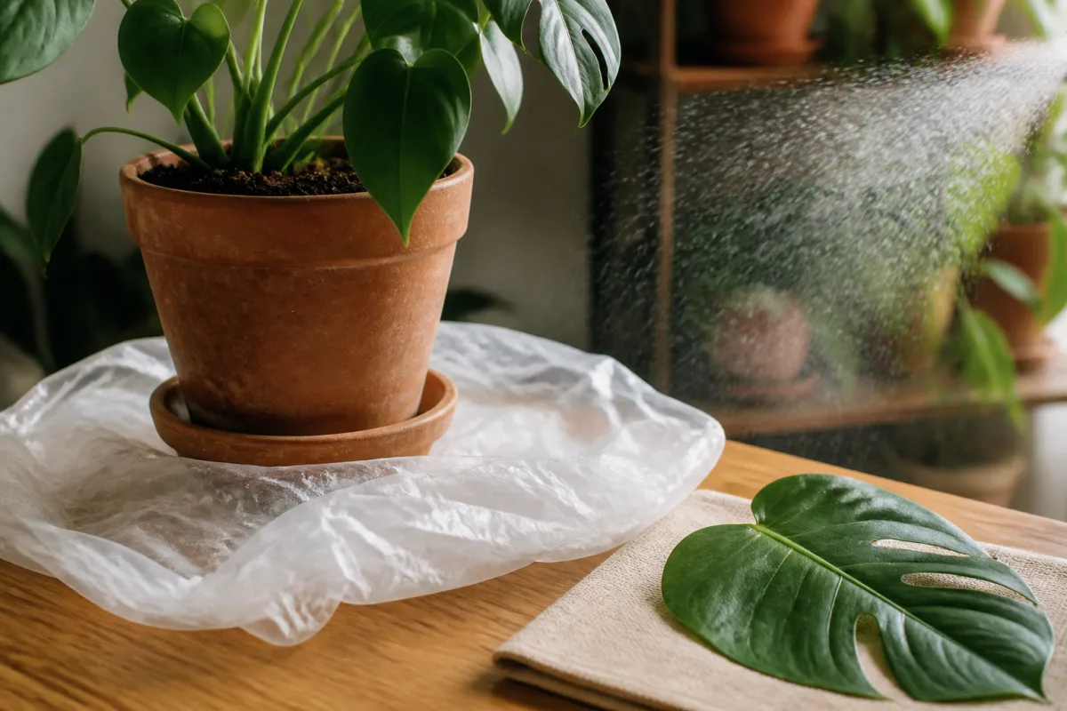 Pot sur un film plastique protecteur, feuille posée sur un chiffon prêt à être nettoyée