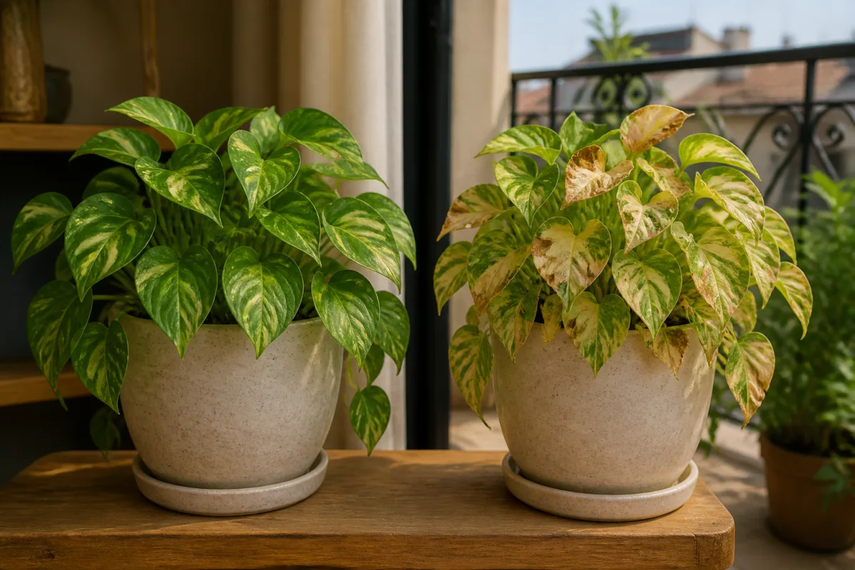 Comparaison de deux pots identiques : feuillage sain à l’intérieur, feuillage pâli après exposition