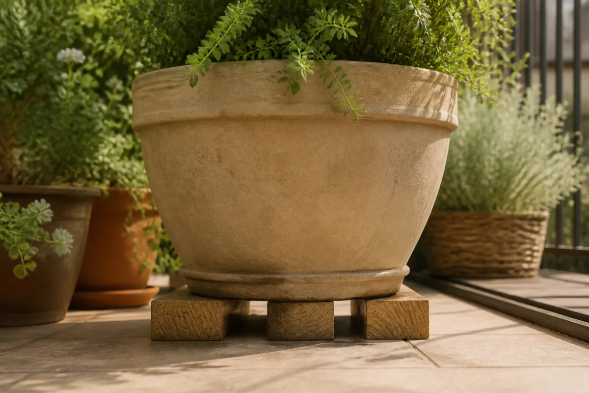 Pot posé sur trois cales larges en bois, espace d’air visible entre pot et sol