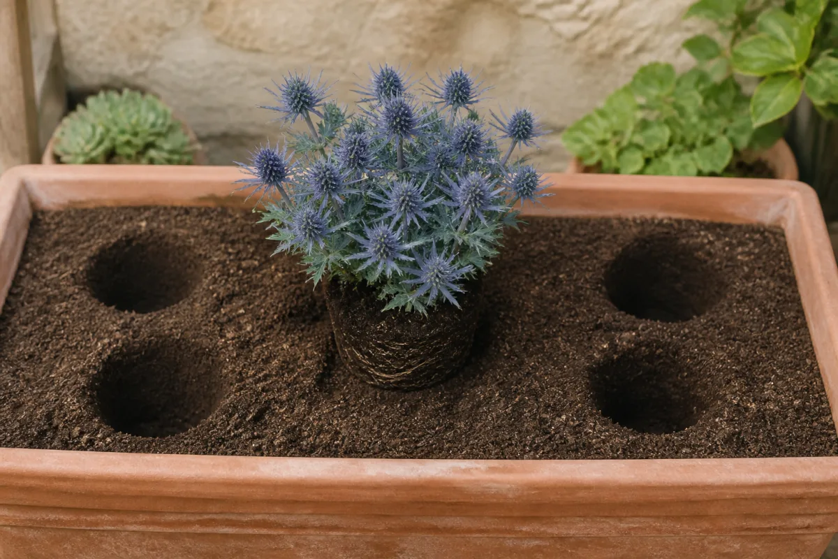 Plantation d’un panicaut au centre d’une jardinière, espacement visible