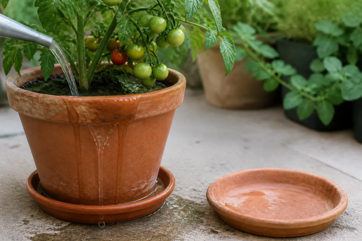 Arrosage lent d’un pot de tomate jusqu’à écoulement, soucoupe vidée