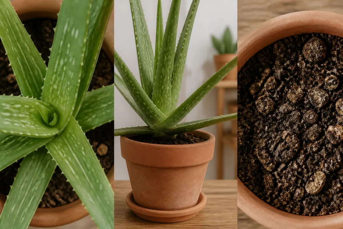 Trois photos : collet d’aloé vu de dessus, profil des feuilles basses, surface du substrat un jour après arrosage