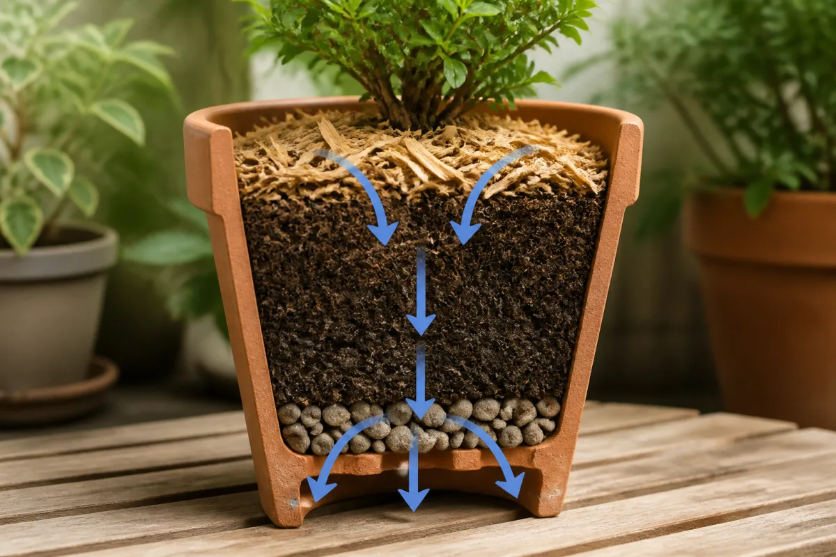 Schéma en coupe d’un pot montrant gravier, terreau et paillage avec flux d’évacuation
