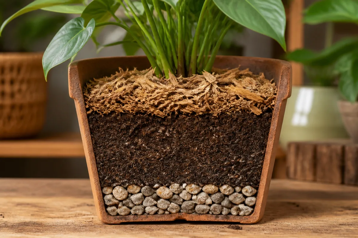 Coupe de pot montrant drainage, terre et paillage de 5 à 8 cm