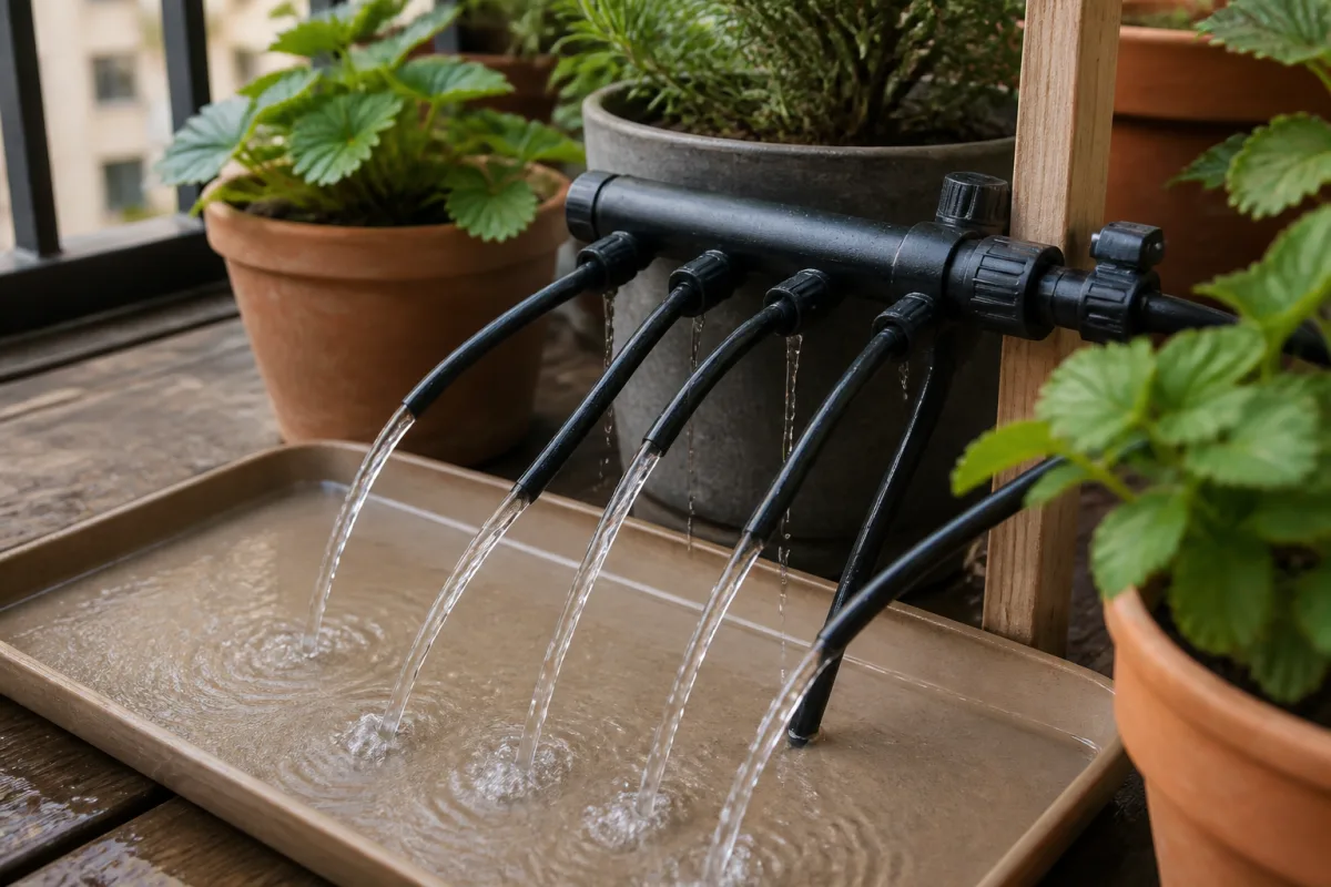 Purge de ligne micro‑irrigation sur balcon : eau s’écoule depuis la nourrice