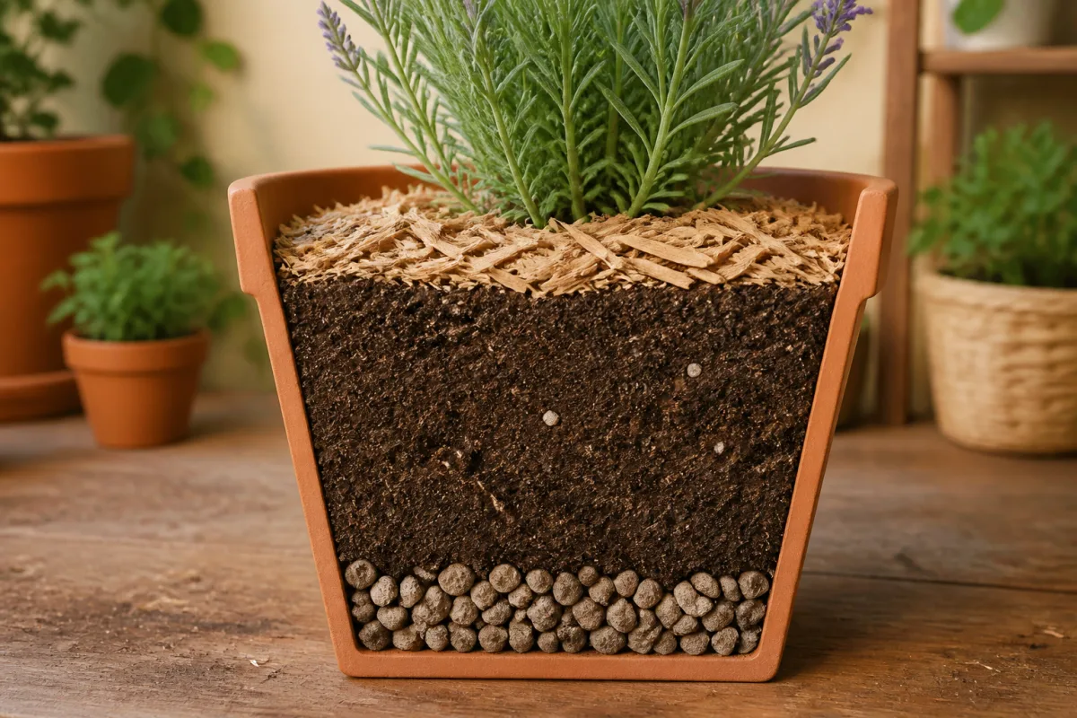 Coupe d’un pot montrant drainage, substrat et couche de paillis en surface