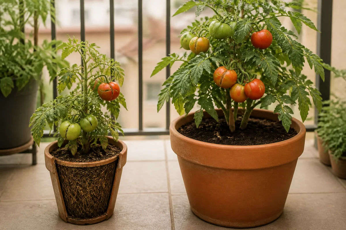 Comparaison visuelle d’un petit pot (10-15 L) et d’un grand pot (>20 L) pour tomates