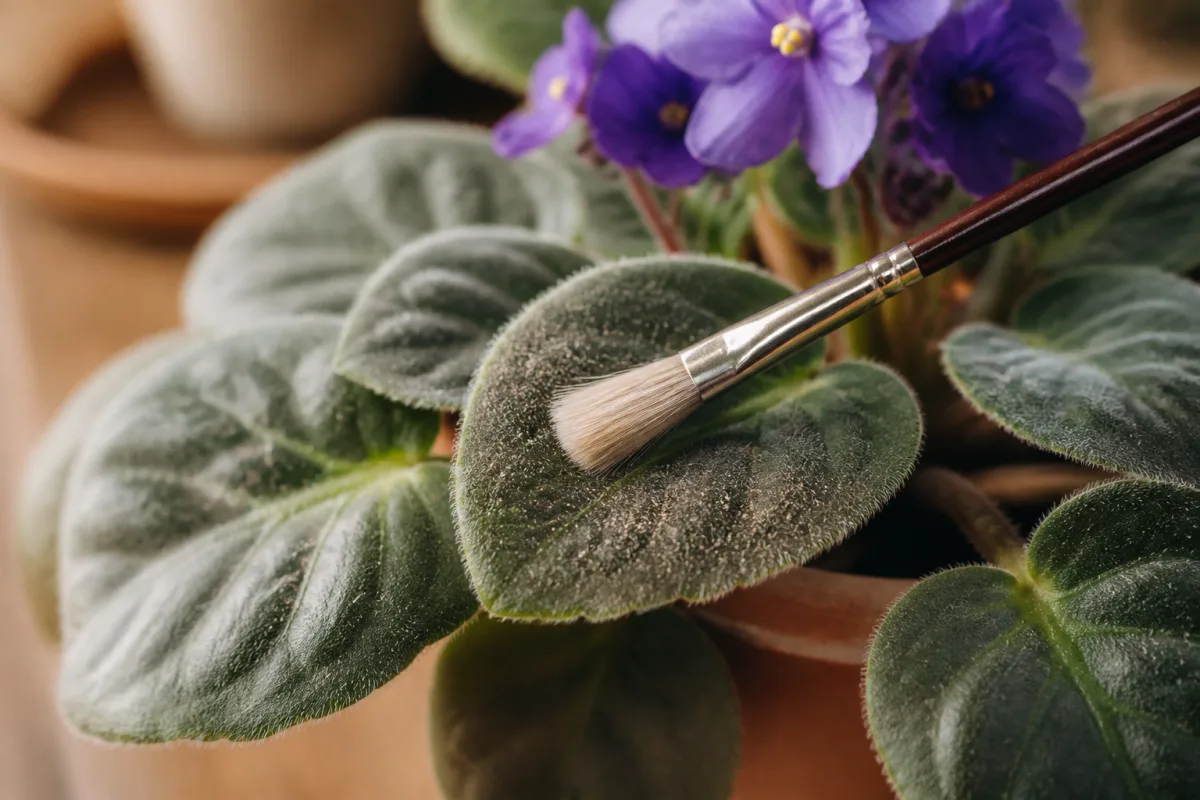 Brosse souple déposée sur une feuille velue montrant la poussière enlevée sans humidification