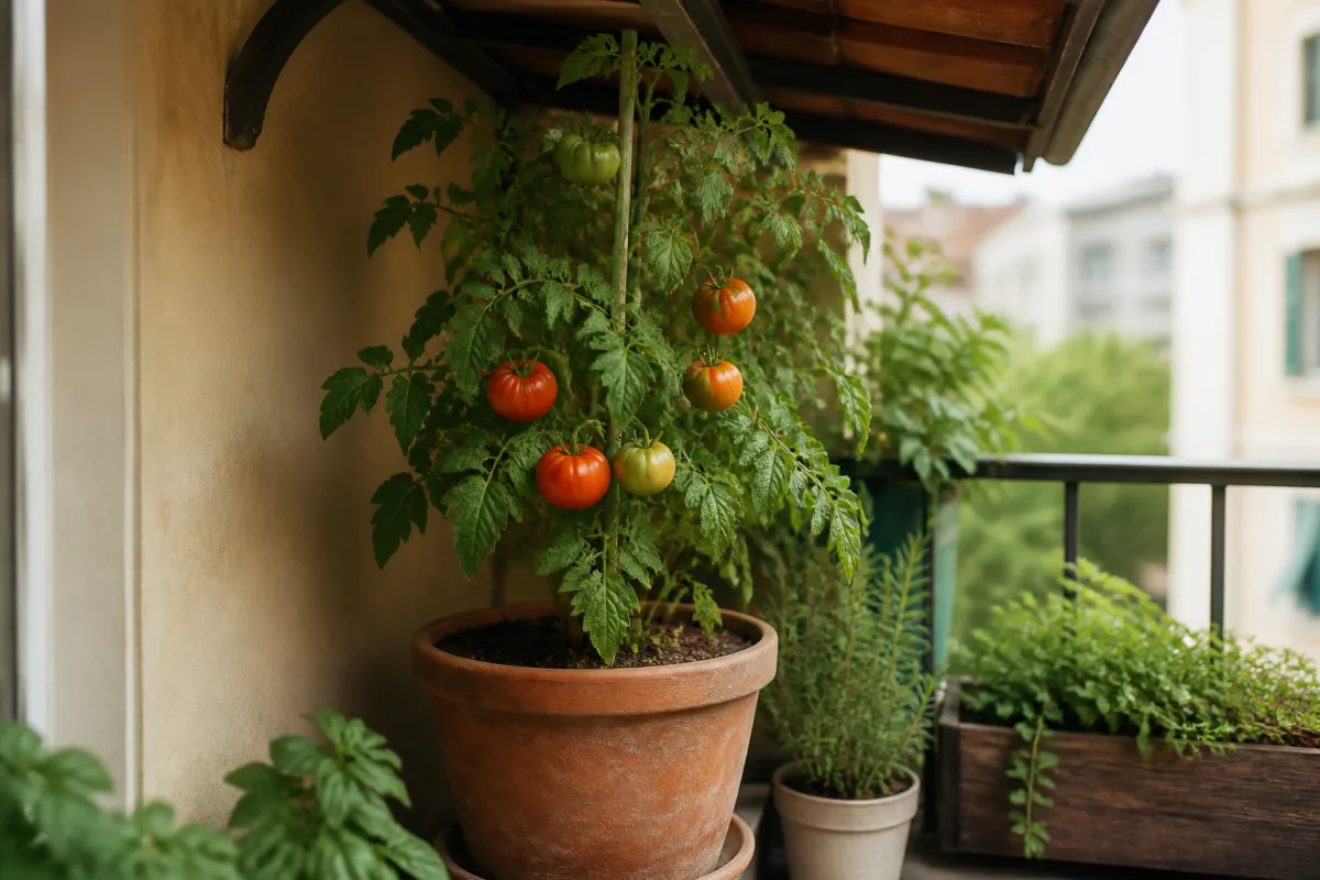 Pot de tomates sous un auvent de balcon protégeant des gouttes de pluie