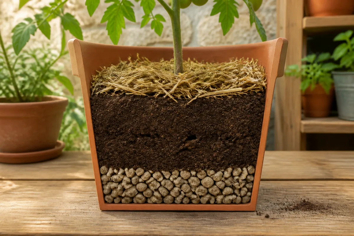 Coupe de pot montrant couche drainante, terre et paillage
