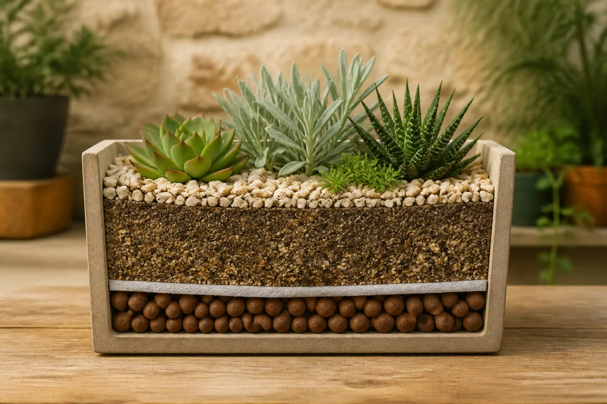 Coupe d’une jardinière montrant billes d’argile, feutre, mélange terreau-minéral et paillage