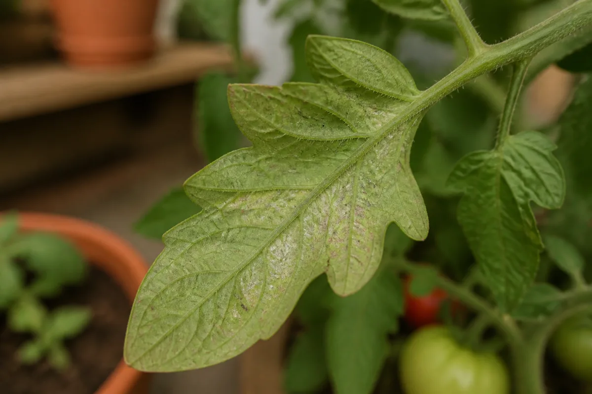 Revers de feuille de tomate avec points clairs et aspect argenté, signes d’acariens ou thrips