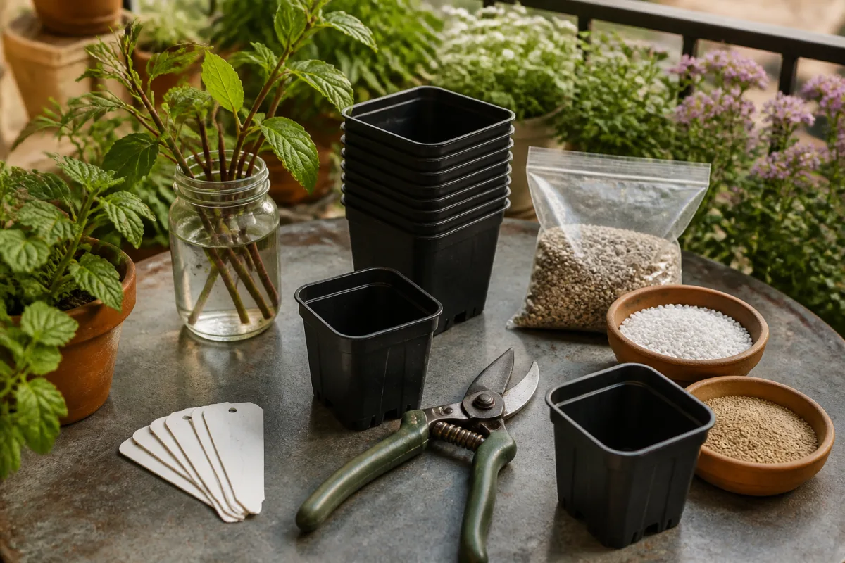 Sécateur propre, godets 7-9 cm, perlite et étiquettes alignés sur une table de balcon