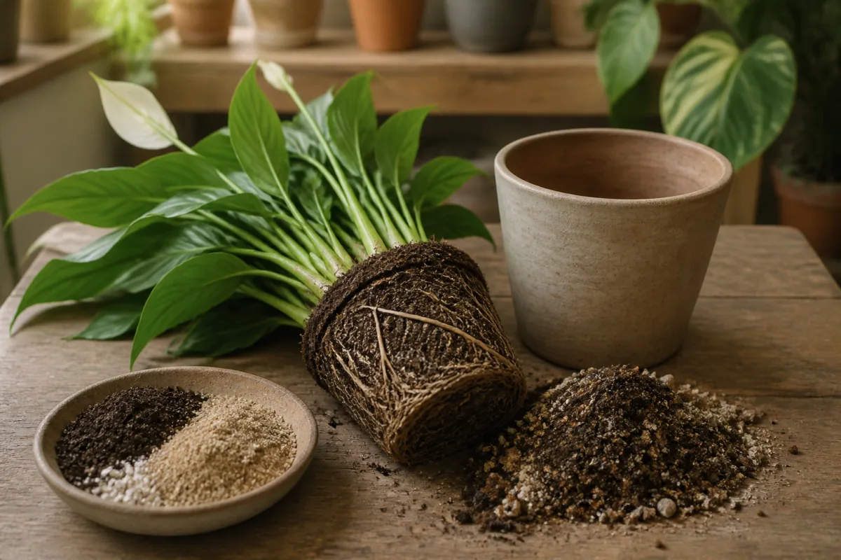 Plante sortie du pot à côté d’un mélange de substrat aéré prêt pour rempotage