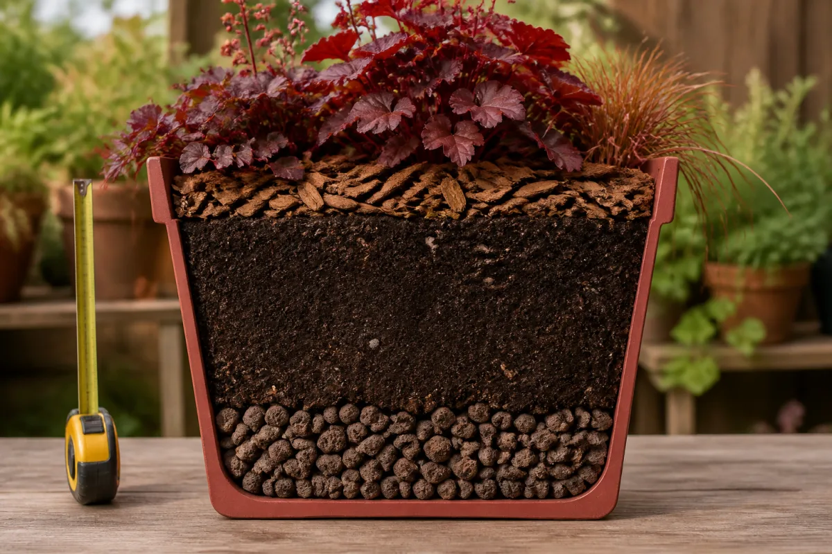 Coupe d’un pot 10 L montrant drainage, terreau et paillage