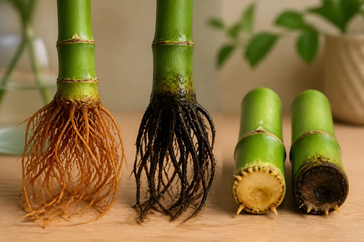 Comparaison racines saines et racines noires molles, plus base de tige saine et spongieuse