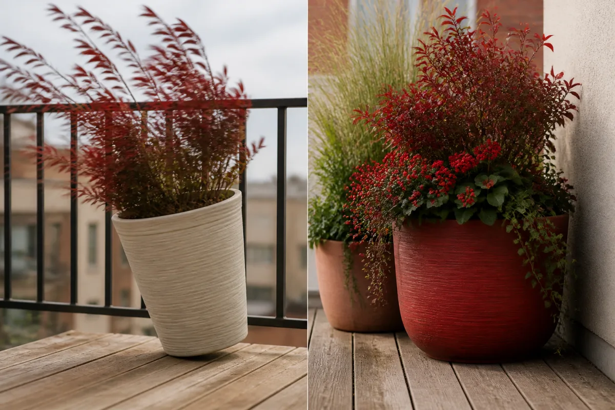 Comparaison pot haut léger basculé et pot large lourd calé contre un mur