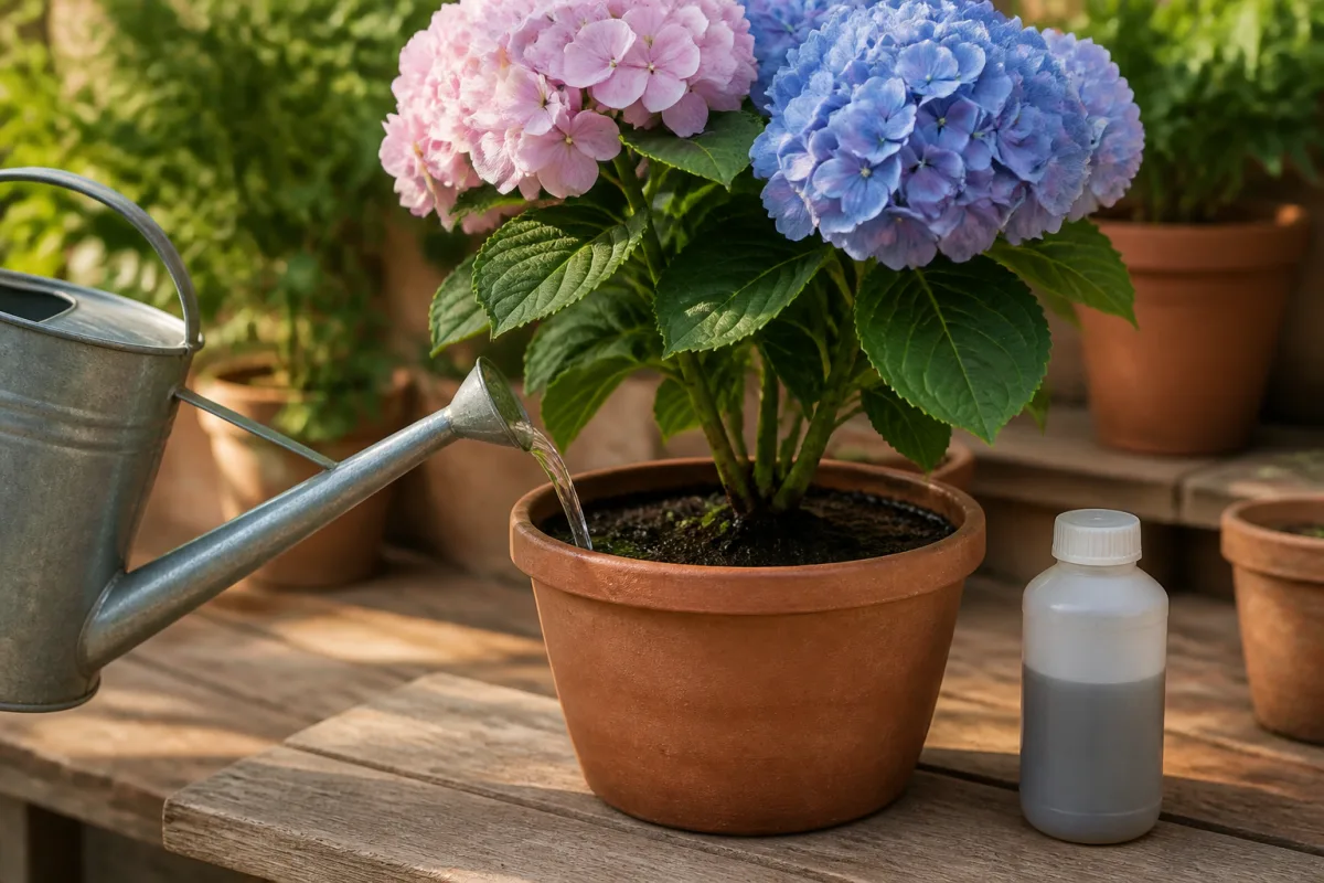 Arrosoir versant une solution au bord du pot d’un hortensia, distance du collet respectée