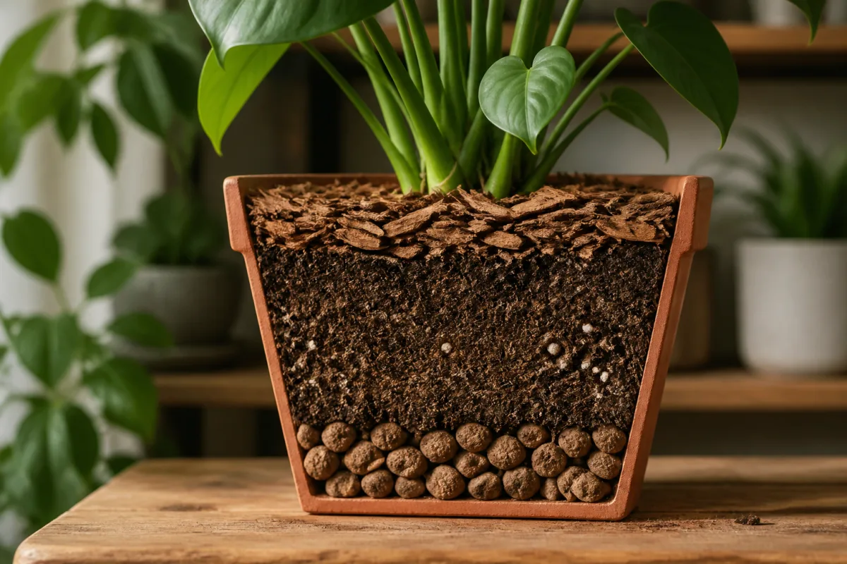 Coupe d’un pot montrant couche de drainage, terreau et paillis en surface
