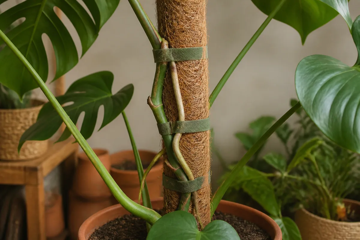 Tuteur en coco dans un pot de Monstera avec attaches souples espacées et racine appuyée