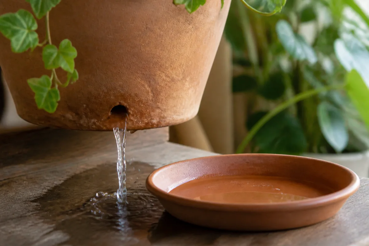 Eau s’écoulant par le trou de drainage d’un pot et soucoupe vidée