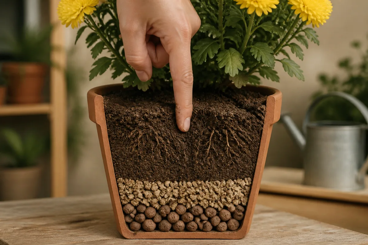 Schéma en coupe d’un pot montrant couche de terre, drainage et marqueur de profondeur du doigt à la 2e phalange