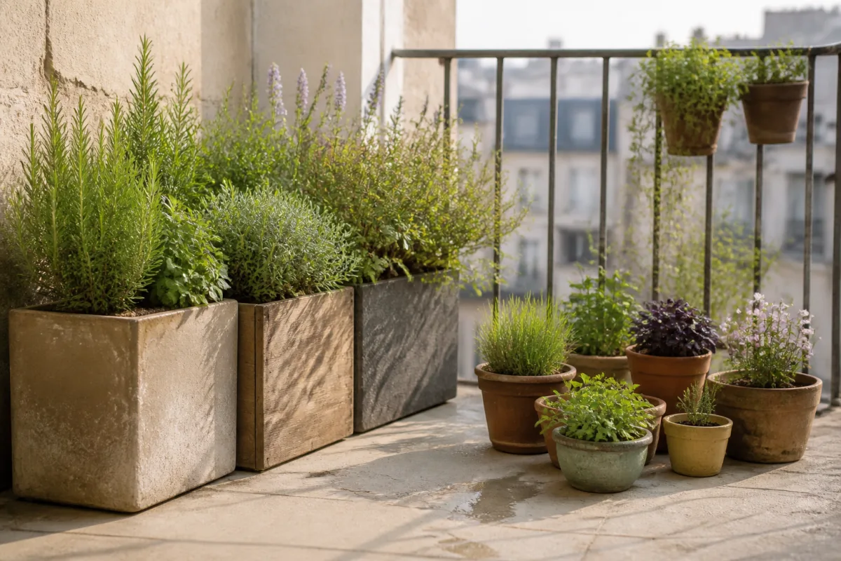 Comparatif sur balcon : plusieurs grands bacs regroupés à gauche, rangée de petits pots à droite