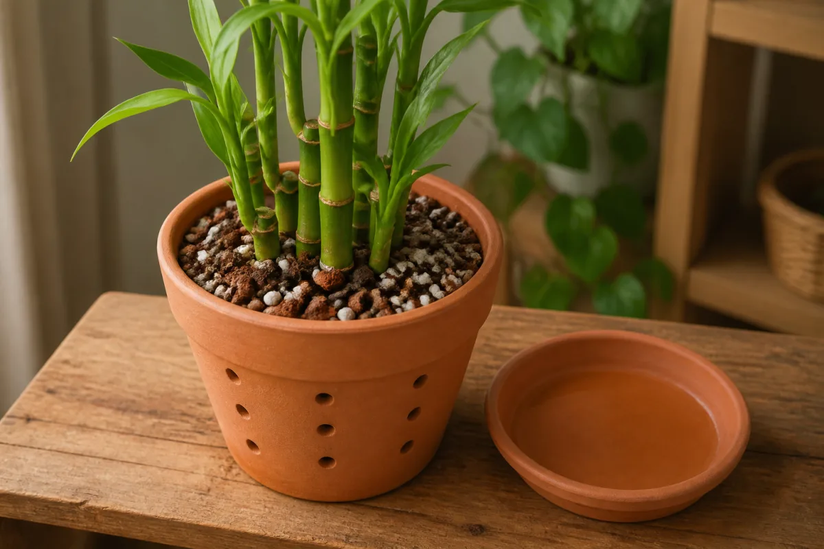 Pot percé avec substrat montrant perlite et terreau, soucoupe vide