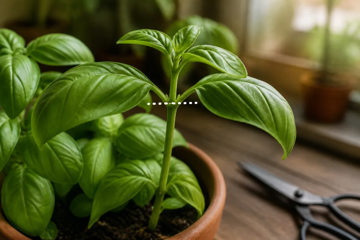 Gros plan sur nœud de basilic avec ciseaux posés à côté du pot