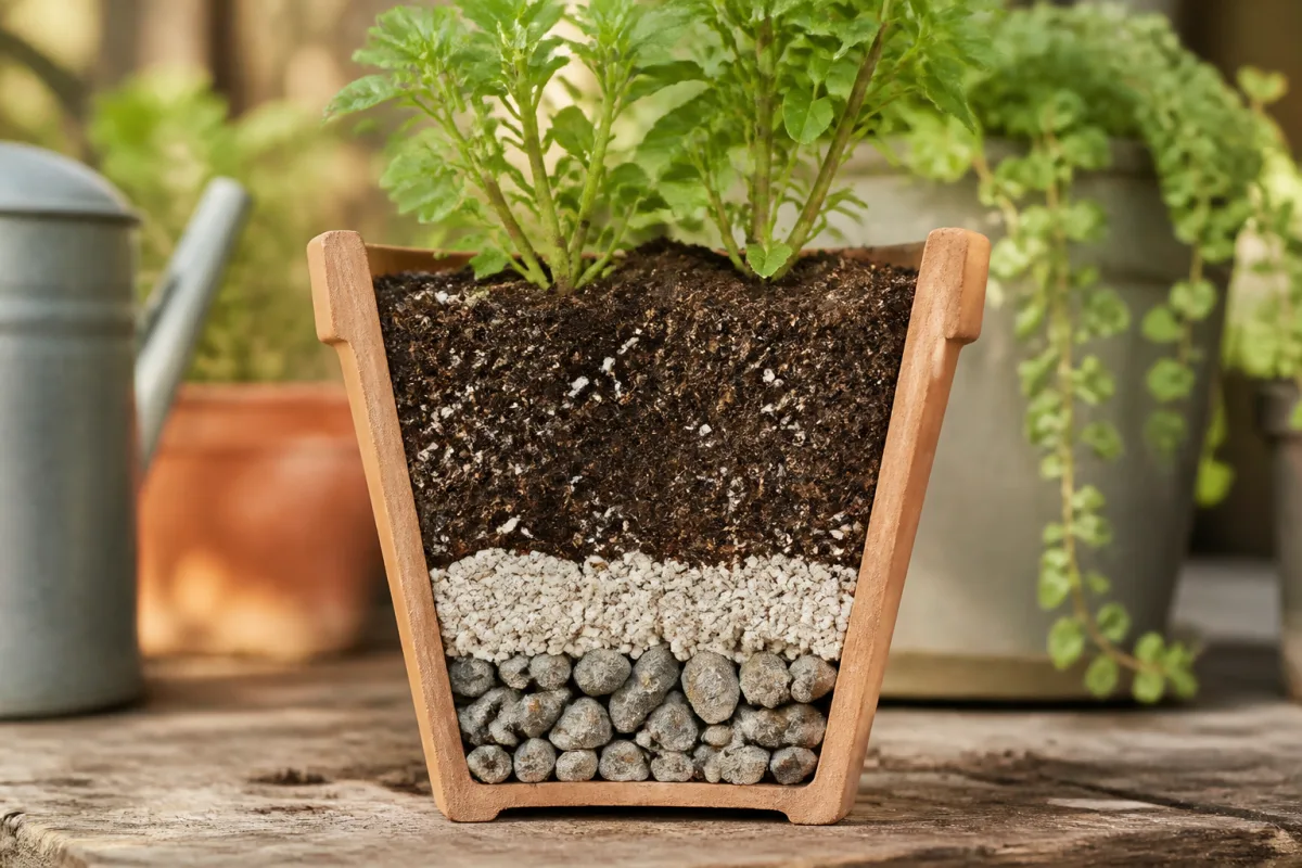 Vue en coupe d’un petit pot montrant couche drainante, mélange terreau+perlite et surface