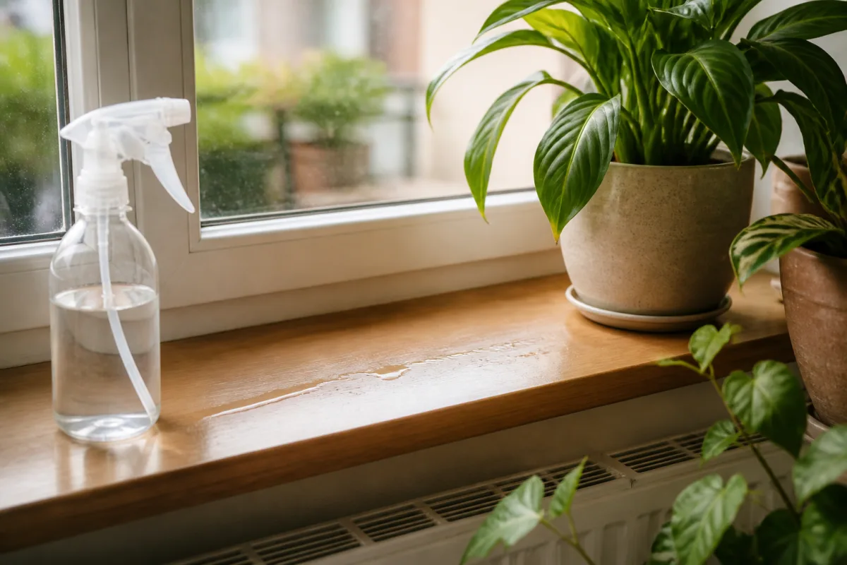 Trait léger de solution diluée sur le rebord d’une fenêtre à côté d’un pot