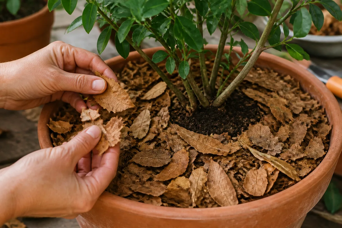 Main déchirant des feuilles et posant un paillis de 3-5 cm autour d’un pot, collet dégagé