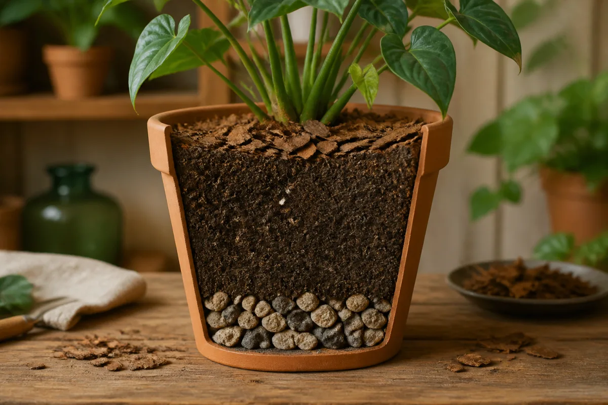 Coupe de pot montrant couche de drainage, terreau et paillis en surface