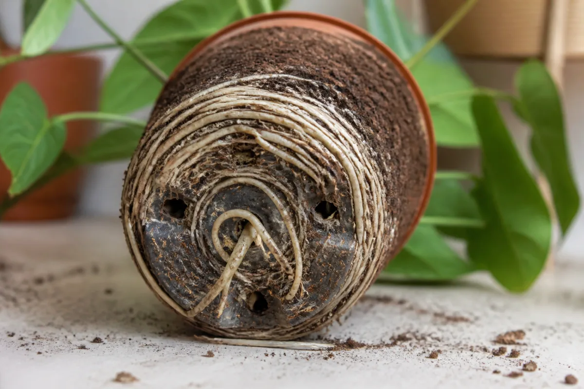 Gros plan sur des racines en spirale sortant d’un pot
