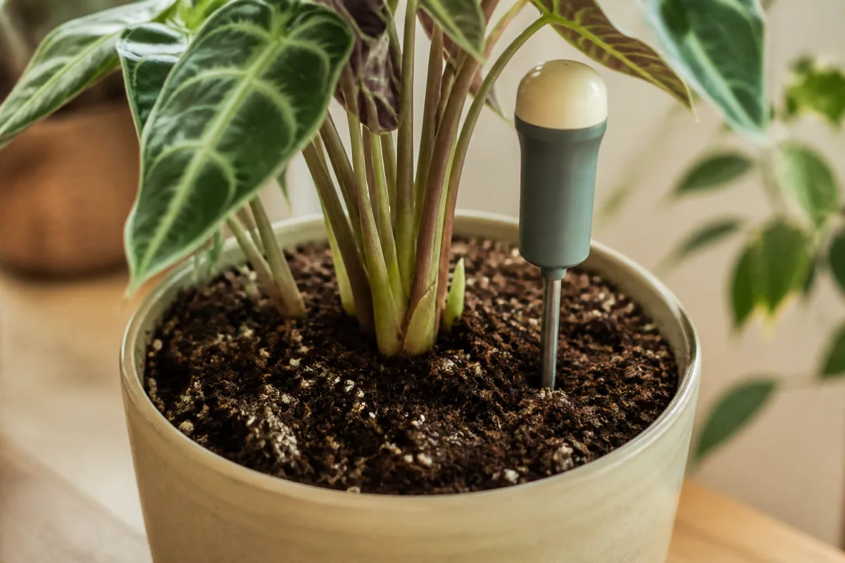 Sonde de sol insérée à deux tiers dans un pot, lecture d’humidité visible