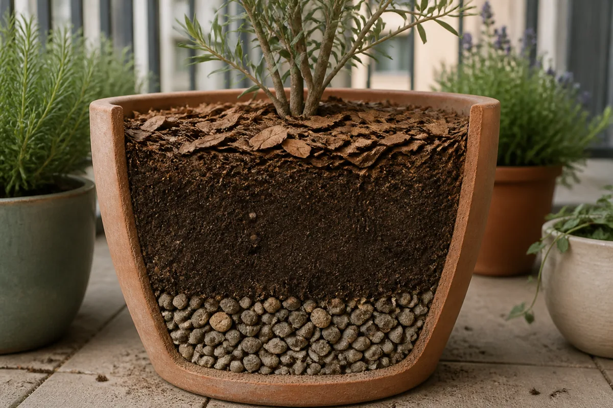 Coupe d’un pot montrant gravier, terreau et paillis