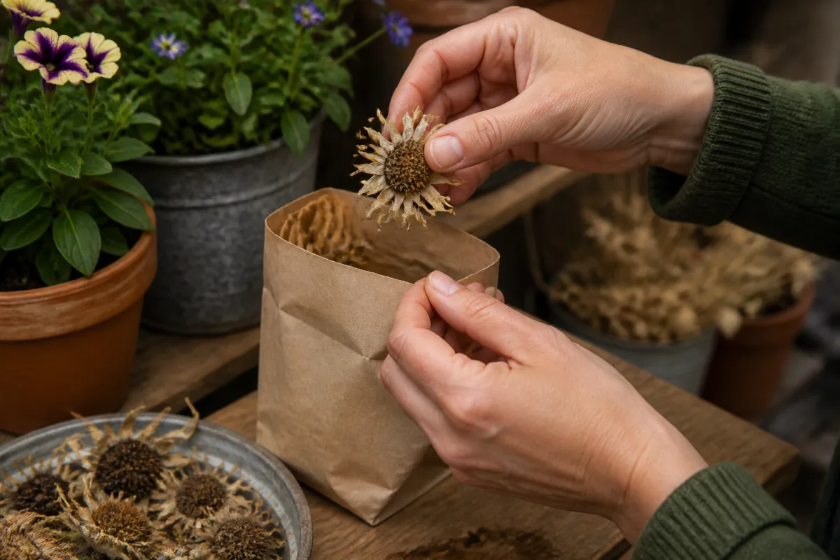 Main déposant une tête de cosmos sèche dans un sac en papier marqué « Cosmos »
