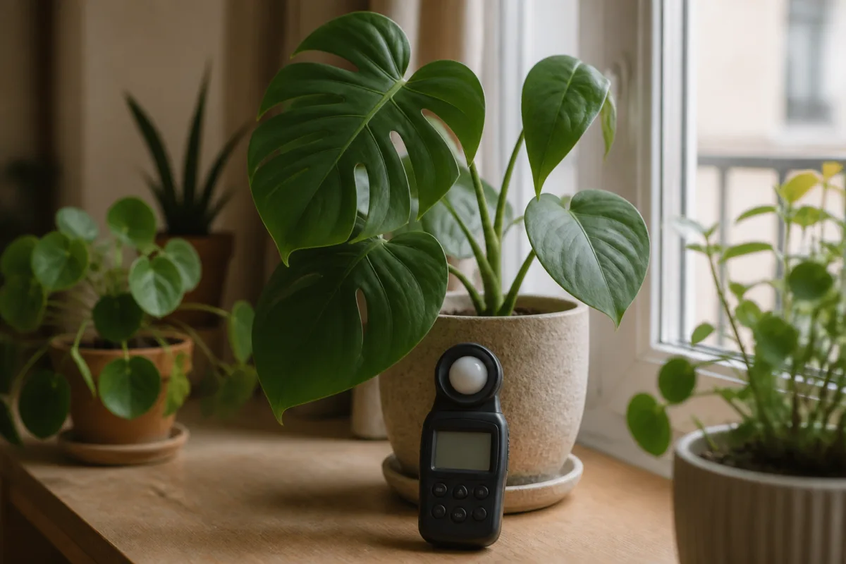 Luxmètre posé sur le rebord de fenêtre devant un Monstera, lecture de l’éclairement