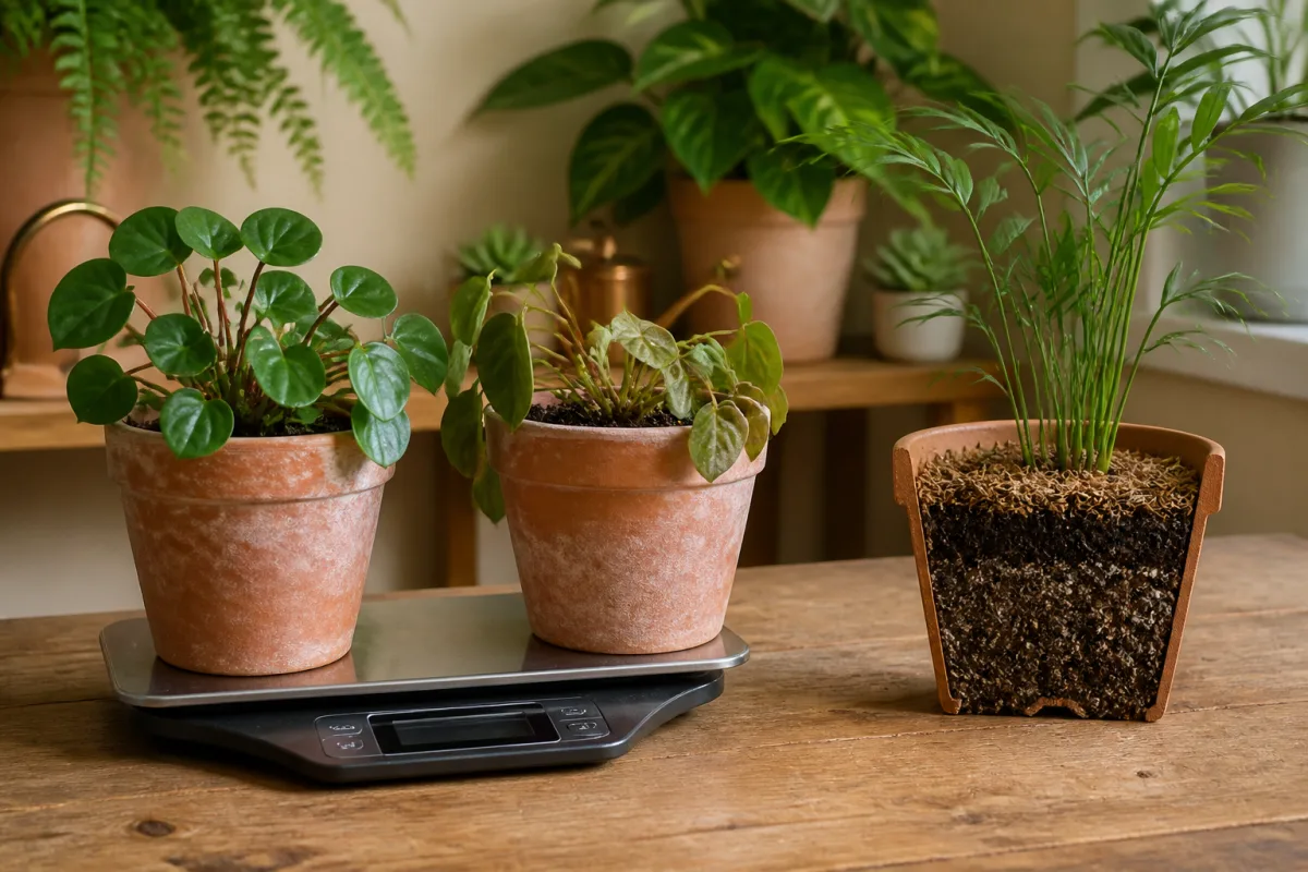 Deux pots sur une balance digitale et un pot montrant la texture du substrat en gros plan