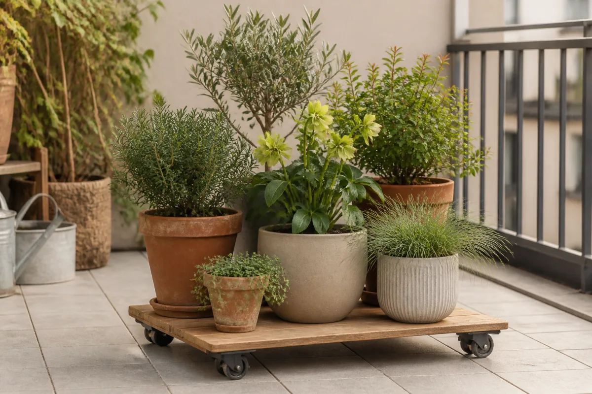 Groupe de pots sur une plateforme à roulettes sur un balcon