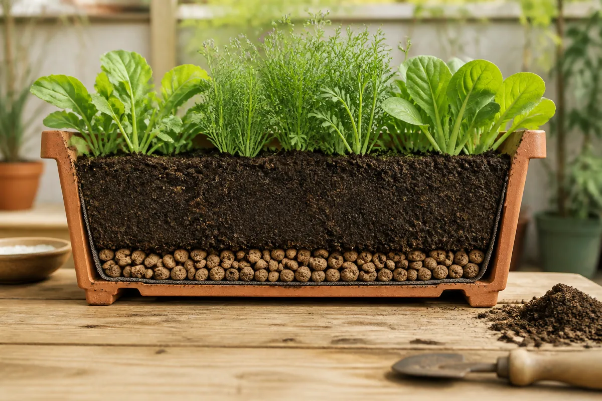 Coupe de jardinière montrant profondeur utile, couche drainante et conversion surface en m²